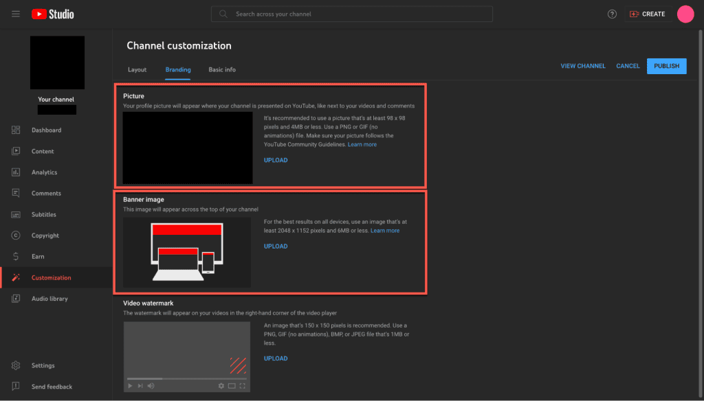youtube channel banner image upload